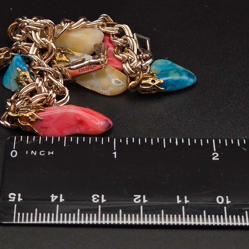 Vintage Germany Gold Tone Double Link Multi Color Tumbled Stone Charm‎ Bracelet - Picture 7 of 7